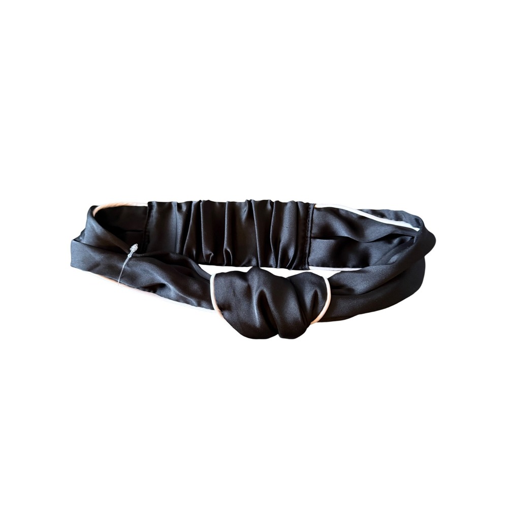 Victorias Secret Black Satin Pink Piping Top Knot Elastic Headband 413422-QB4